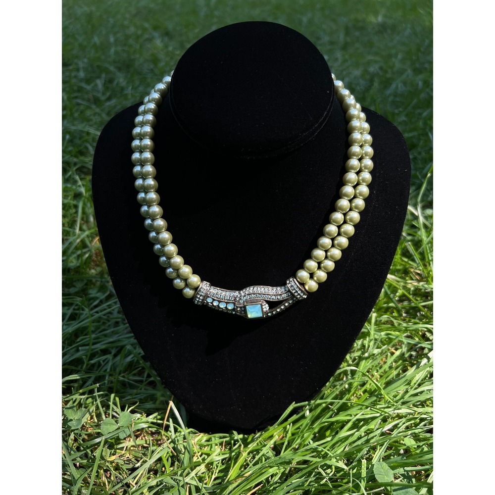Heidi Daus Art Deco Pistachio Pearls 2 Strand Swarovski Crystal Pendant Necklace